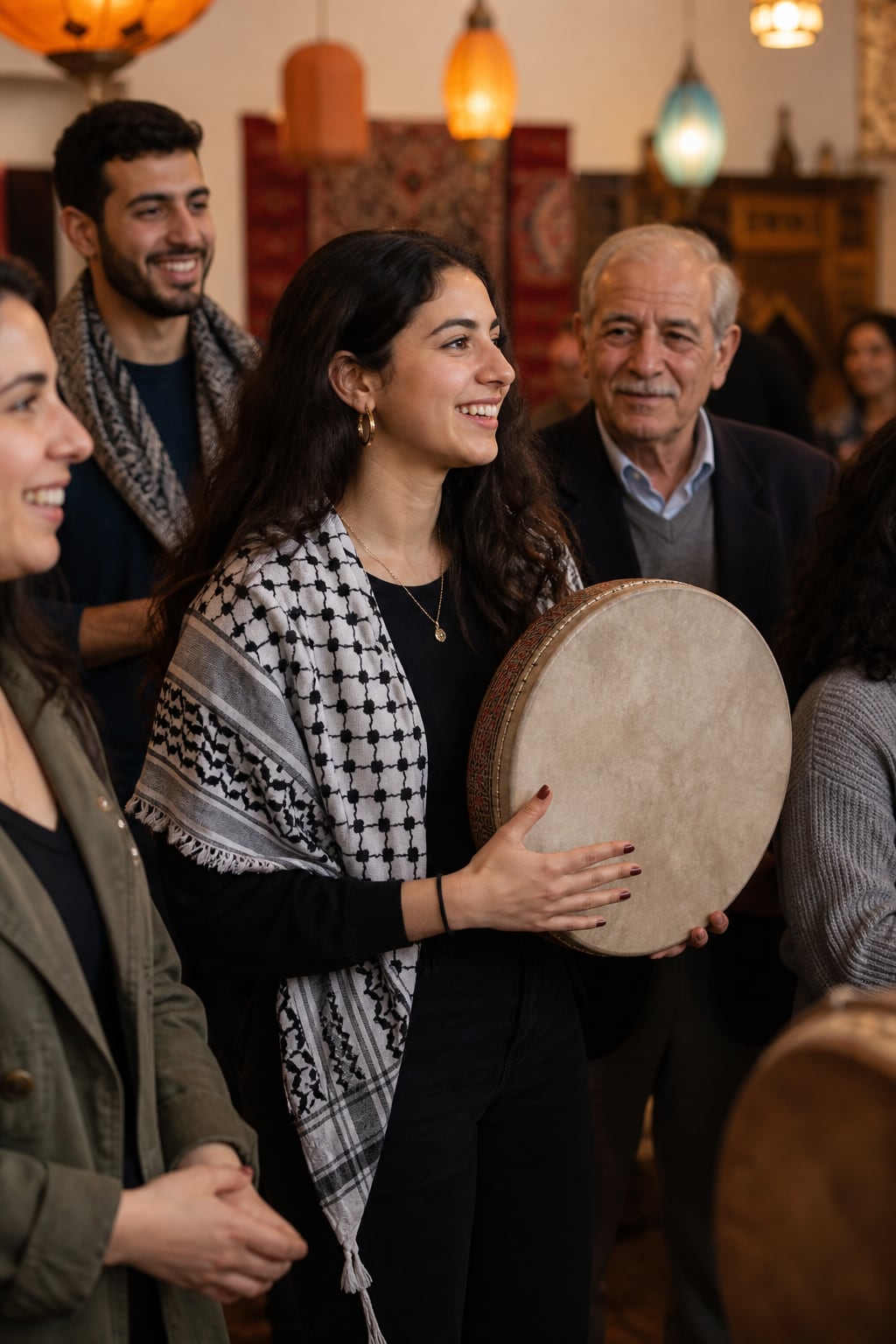 Illustration of Community members gathered around a hand drum at a cultural event