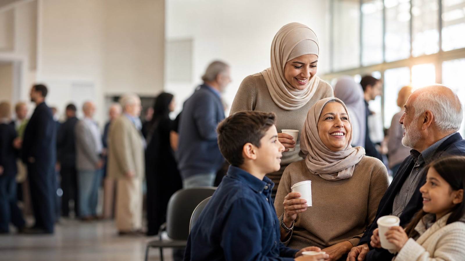 Illustration of Canadian Arab community members gathered in a bright civic space