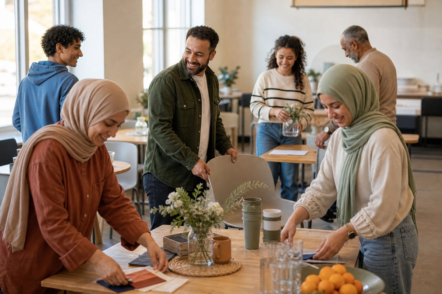 Illustration of volunteers preparing a welcoming community gathering