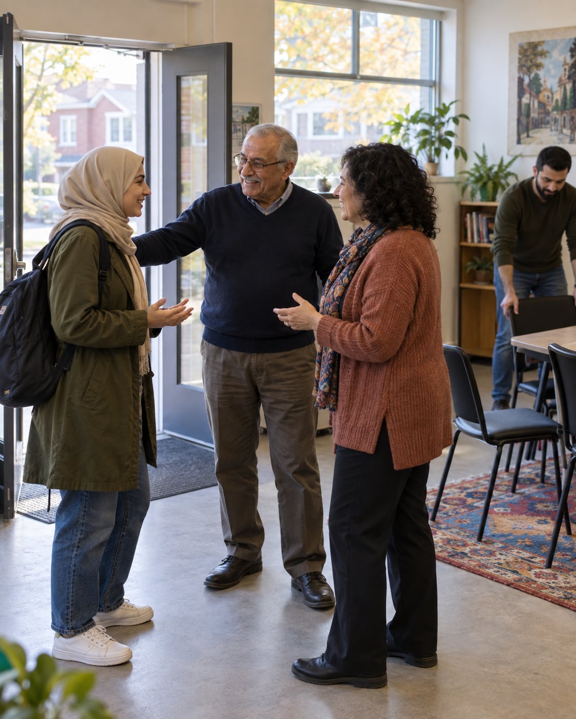 Illustration of a newcomer being welcomed into a community room while a volunteer prepares chairs nearby